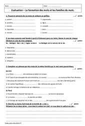 Formation des mots - Familles de mots - Examen Evaluation : 8ème Harmos - PDF à imprimer