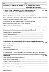 Types de phrases - Examen Evaluation sur les phrases- Fiches déclaratives, injonctives, exclamatives. : 8ème Harmos - PDF à imprimer