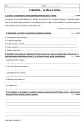 Phrase simple - Examen Evaluation  : 8ème Harmos - PDF à imprimer