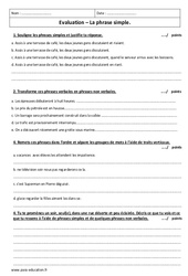 Phrase simple - Examen Contrôle corrigé : 8ème Harmos - PDF à imprimer