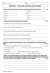 Participes passés simples - Examen Contrôle sur les accords : 9eme Harmos - PDF à imprimer