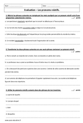 Pronom relatif - Examen Contrôle avec le corrigé : 9eme Harmos - PDF à imprimer