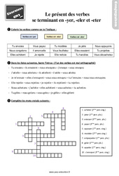 Le présent de l’indicatif des verbes qui se terminent par en « - yer »  et « - eter ou - eler » - Exercices, révisions : 7ème Harmos - PDF à imprimer