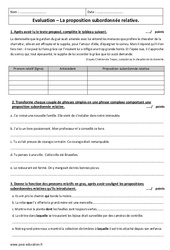 Propositions subordonnées relatives - Examen Contrôle avec le corrigé : 9eme Harmos - PDF à imprimer