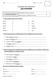 Contraires - Bilan avec le corrigé : 5ème Harmos - PDF à imprimer