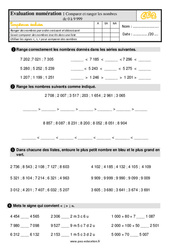 Comparer et ranger les nombres de 0 à 9 999 - Examen Evaluation  : 5ème Harmos - PDF à imprimer