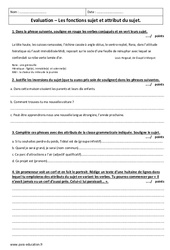 Fonctions sujet et attribut du sujet - Examen Evaluation : 9eme Harmos - PDF à imprimer