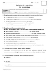 Homonymes lexicaux - Bilan : 7ème Harmos - PDF à imprimer