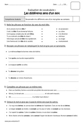 Différents sens d'un mot - Bilan avec le corrigé : 7ème Harmos - PDF à imprimer