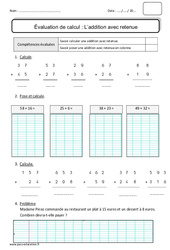 Addition avec retenue - Bilan  : 4ème Harmos - PDF à imprimer