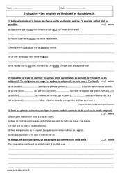 Emplois de l'indicatif et du subjonctif - Examen Evaluation : 9eme Harmos - PDF à imprimer