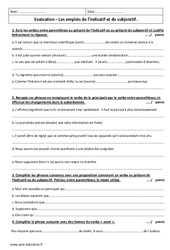 Indicatif - Subjonctif - Examen Contrôle sur les emplois : 9eme Harmos - PDF à imprimer