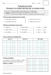 Multiplier un nombre décimal par un nombre entier - Bilan : 6ème Harmos - PDF à imprimer