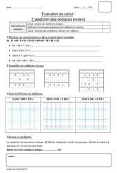 Addition des nombres entiers - Bilan avec le corrigé : 6ème Harmos - PDF à imprimer