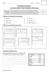 Soustraction des nombres décimaux - Bilan avec le corrigé : 6ème Harmos - PDF à imprimer