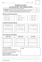 Soustraction des nombres entiers - Bilan : 6ème Harmos - PDF à imprimer