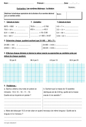 Division d'un nombre décimal par un nombre entier - Bilan : 7ème Harmos - PDF à imprimer