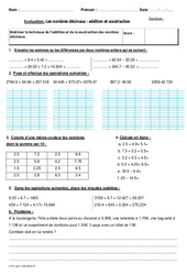 Addition et soustraction des nombres décimaux - Bilan : 7ème Harmos - PDF à imprimer