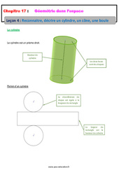Reconnaitre, décrire un cylindre, un cône, une boule - Géométrie dans l’espace - Cours : 8ème Harmos - PDF à imprimer