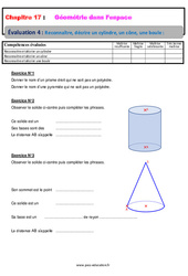 Reconnaitre, décrire un cylindre, un cône, une boule - Géométrie dans l’espace - Examen Evaluation avec la correction : 8ème Harmos - PDF à imprimer