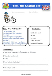 Tom, the English boy - Anglais - Lecture - Level 3 : 6ème, 7ème Harmos - PDF à imprimer