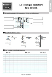 La technique opératoire de la division - Exercices : 5ème Harmos - PDF à imprimer