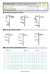 Technique opératoire de la division - Examen Evaluation : 5ème Harmos - PDF à imprimer