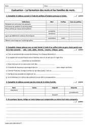 Famille de mots - Formation des mots - Examen Evaluation : 9eme Harmos - PDF à imprimer