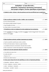 Polysémie, antonymes, synonymes, paronymes... - Examen Evaluation sur le sens des mots : 9eme Harmos - PDF à imprimer