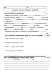 Accord - Adjectif qualificatif - Examen Evaluation : 9eme Harmos - PDF à imprimer