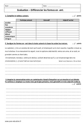 Différencier les formes en - ant - Examen Contrôle - Participe présent : 9eme Harmos - PDF à imprimer