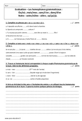 Homophones grammaticaux - Examen Evaluation - Bilan : 9eme Harmos - PDF à imprimer