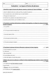 Types et formes de phrases - Examen Contrôle : 10ème Harmos - PDF à imprimer