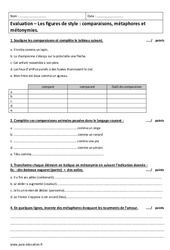 Comparaisons, métaphores et métonymies - Examen Evaluation : 10ème Harmos - PDF à imprimer