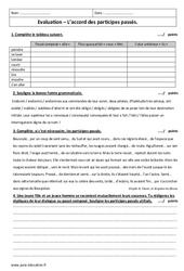 Participes passés - Examen Evaluation sur les accords : 10ème Harmos - PDF à imprimer