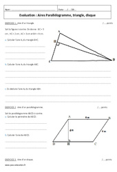 Aires - Examen Contrôle - Parallélogramme, triangle, disque : 9eme Harmos - PDF à imprimer