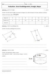 Parallélogramme, triangle, disque - Examen Evaluation sur les aires : 9eme Harmos - PDF à imprimer