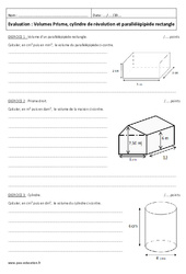 Volumes - Examen Contrôle - Prisme, cylindre de révolution et parallélépipède rectangle : 9eme Harmos - PDF à imprimer