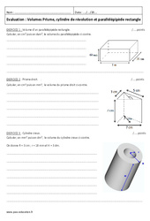 Prisme, cylindre de révolution et parallélépipède rectangle - Examen Evaluation sur les volumes : 9eme Harmos - PDF à imprimer