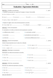 Expressions littérales - Examen Contrôle : 9eme Harmos - PDF à imprimer