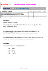 Calculs sans parenthèses - Examen Evaluation, bilan, contrôle avec la correction - Enchaînements d'opérations : 9eme Harmos - PDF à imprimer