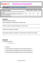 Calculs avec parenthèses - Examen Evaluation, bilan, contrôle avec la correction - Enchaînements d’opérations : 9eme Harmos - PDF à imprimer