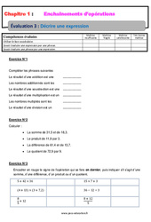 Décrire une expression - Examen Evaluation, bilan, contrôle avec la correction - Enchaînements d’opérations : 9eme Harmos - PDF à imprimer