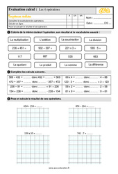 Les 4 opérations - Examen Evaluation : 5ème Harmos - PDF à imprimer