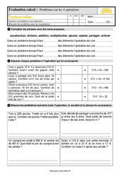 Problèmes sur les 4 opérations - Examen Evaluation : 5ème Harmos - PDF à imprimer