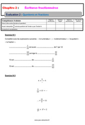 Quotients et fractions - Examen Evaluation, bilan, contrôle avec la correction - Écritures fractionnaires : 9eme Harmos - PDF à imprimer