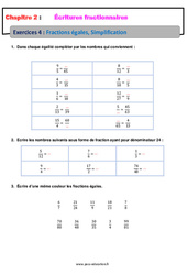 Fractions égales, simplification - Révisions - Exercices avec correction - Écritures fractionnaires : 9eme Harmos - PDF à imprimer