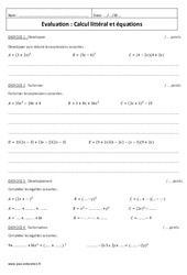 Calcul littéral et équations - Examen Contrôle : 11ème Harmos - PDF à imprimer