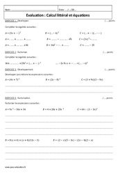 Calcul littéral et équations - Examen Evaluation avec le corrigé : 11ème Harmos - PDF à imprimer