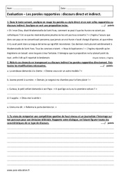 Paroles rapportées - Discours direct et indirect - Examen Contrôle : 10ème Harmos - PDF à imprimer